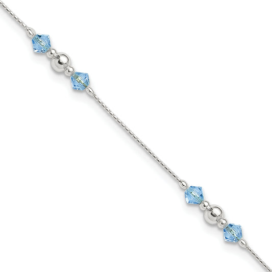 Sterling Silver Polished Bead and CZ 9in Plus 1in. Ext. Anklet