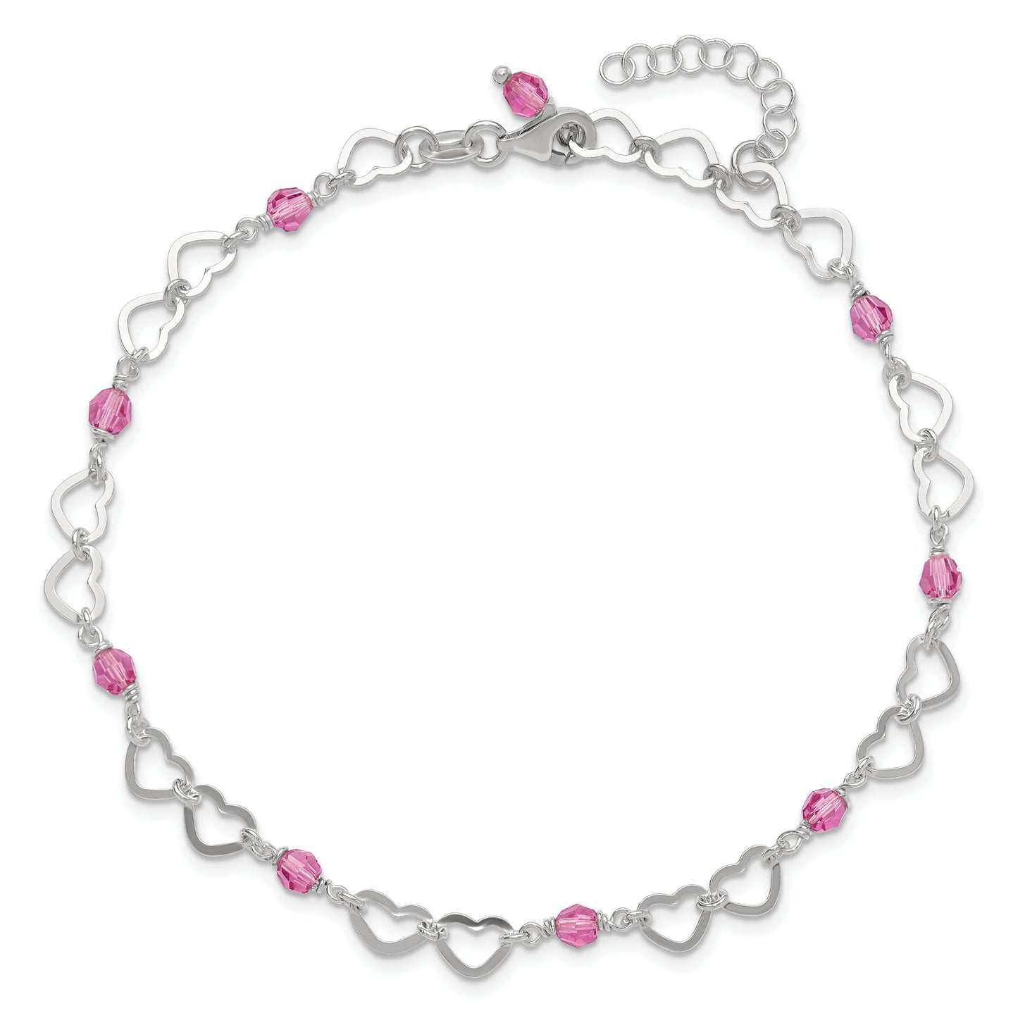 Sterling Silver Pink Beads and Polished Hearts 9 inch Anklet with 1inch extension