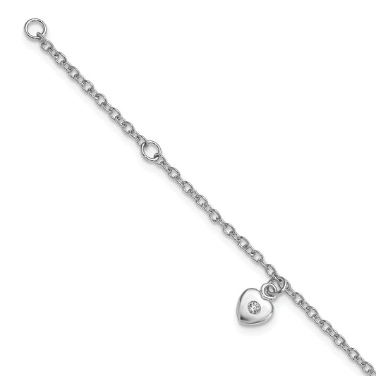 Sterling Silver Rhodium-plated CZ 5.5in Plus 1in. ext. Heart Bracelet