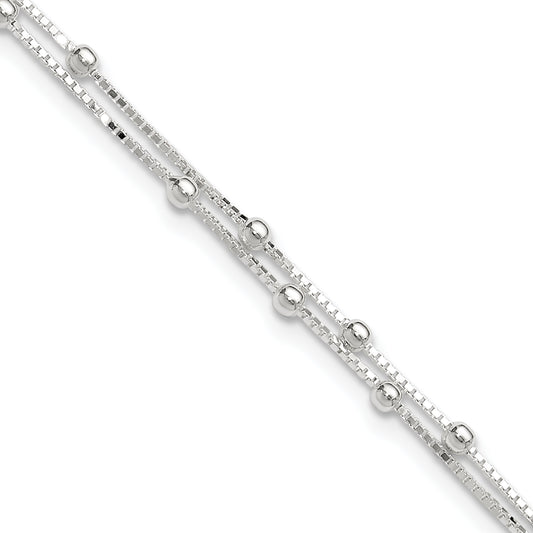 Sterling Silver Polished Beaded 2-strand 10 inch Plus 1 inch ext. Anklet