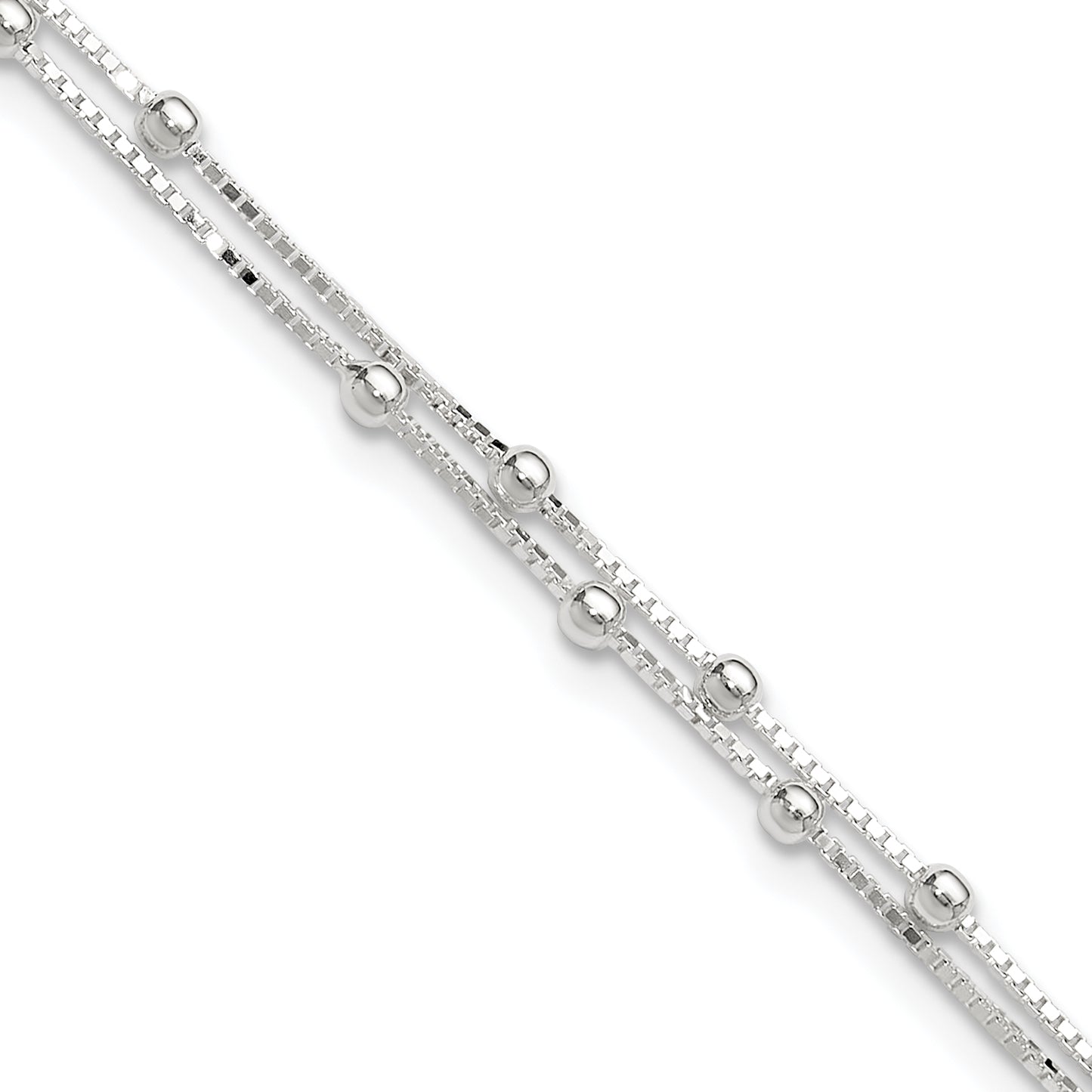 Sterling Silver Polished Beaded 2-strand 9 inch Plus 1 inch ext. Anklet