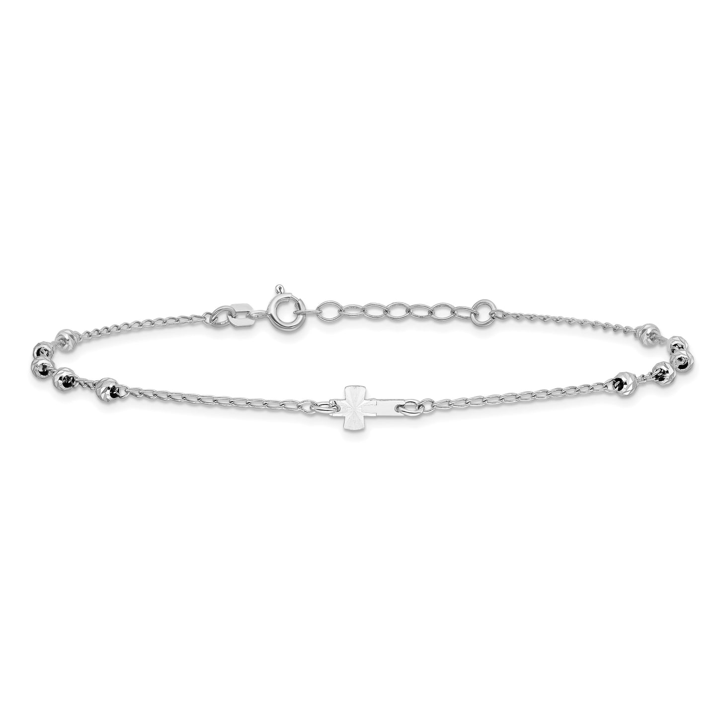 Sterling Silver Rhod-plated Diamond-cut Beads 9in Plus 1in Ext. Cross Ankle