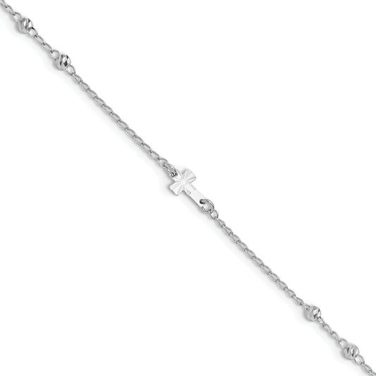 Sterling Silver Rhod-plated Diamond-cut Beads 9in Plus 1in Ext. Cross Ankle