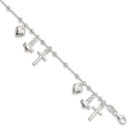 Sterling Silver Polished with 1in ext Cross Heart Anchor Bracelet