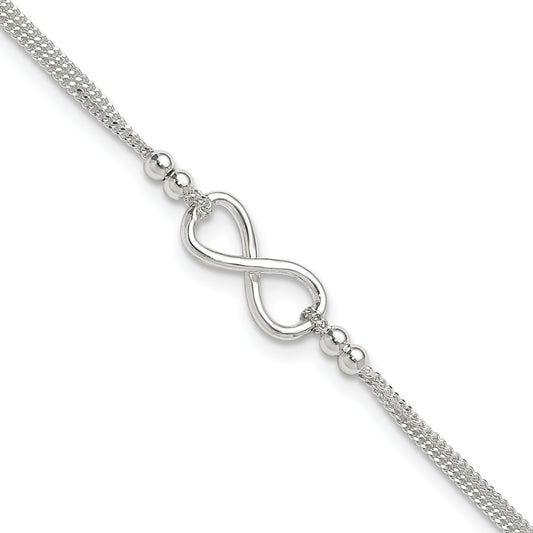 Sterling Silver 2-Strand Beaded Infinity Symbol 9in Plus 1in ext. Anklet