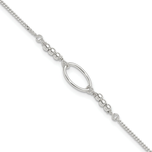Sterling Silver Oval and Beaded 9in Plus 1in ext. Anklet