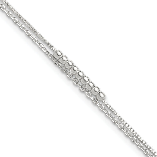 Sterling Silver 2-Strand Beaded 9in Plus 1in ext. Anklet