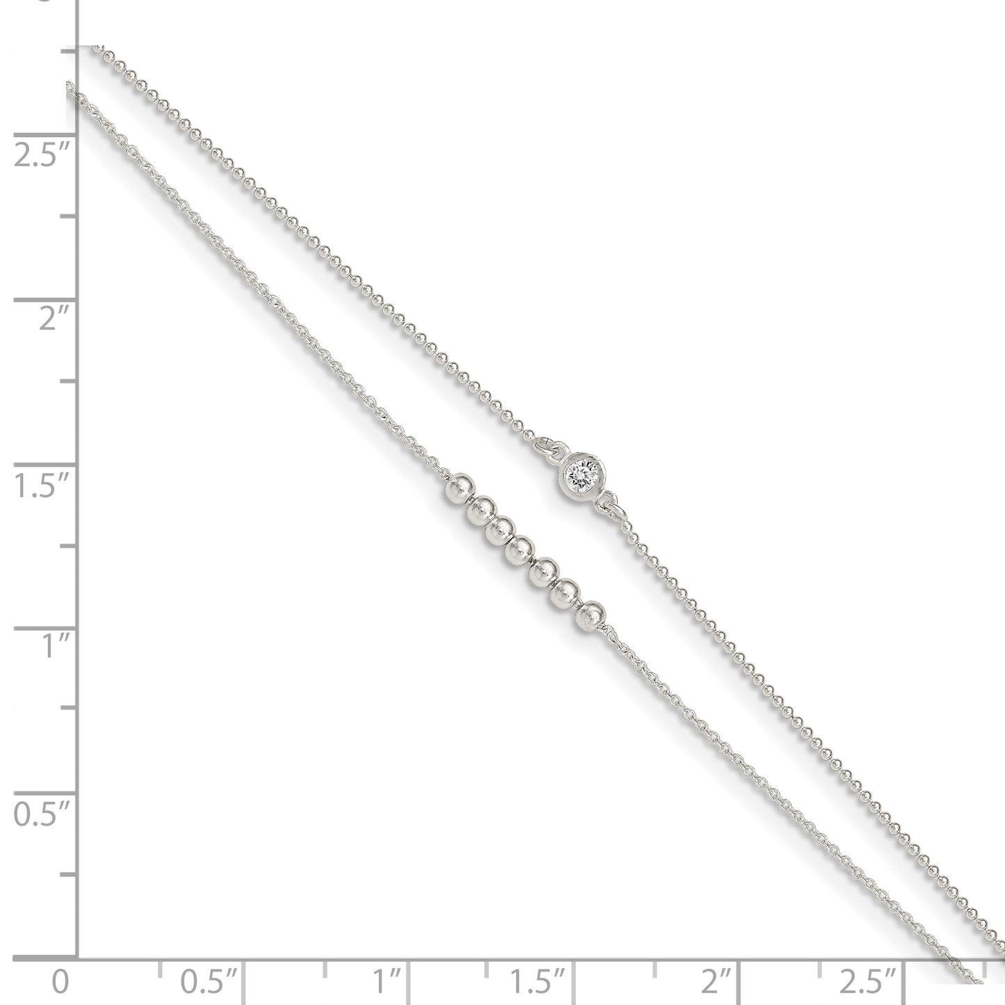 Sterling Silver 2-Strand Beaded CZ 9in Plus 1in Ext. Anklet
