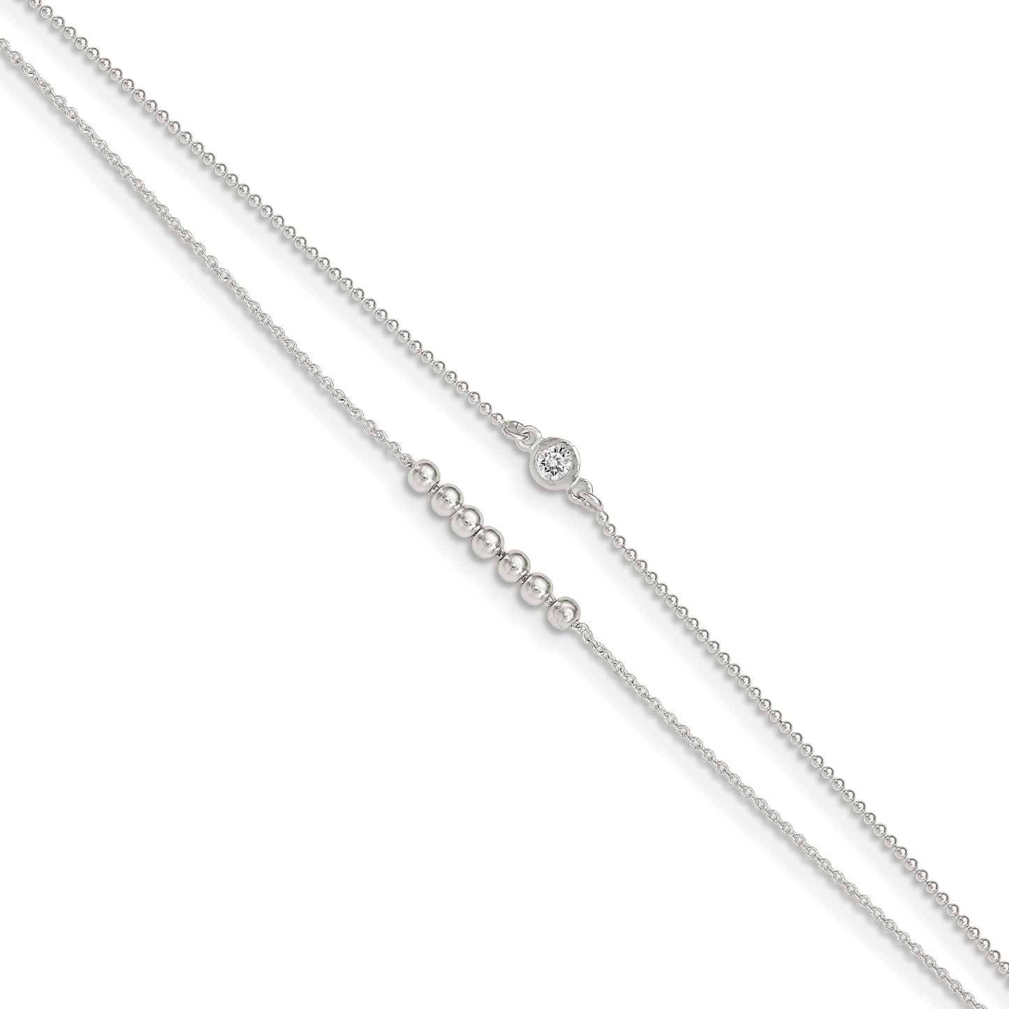 Sterling Silver 2-Strand Beaded CZ 9in Plus 1in Ext. Anklet