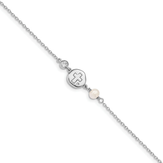 Sterling Silver RH-plated CZ/Cross/FWC Pearl with 0.5in ext Bracelet