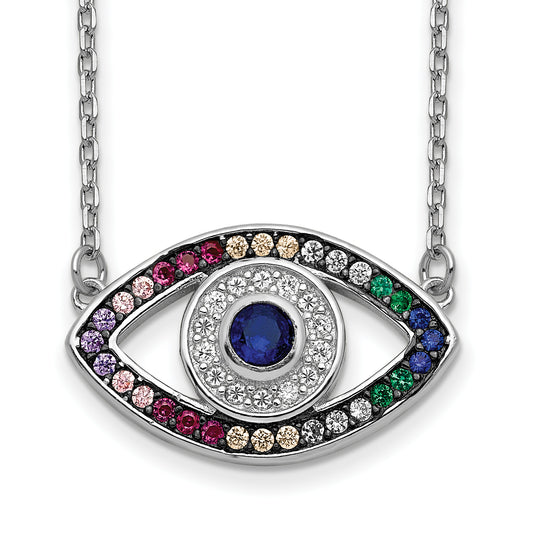 Prizma Sterling Silver Rhodium-plated 16 inch Colorful CZ Evil Eye Necklace with 2 inch Extender