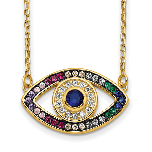 Prizma Sterling Silver Gold-tone 14K Flash Gold-plated 16 inch Colorful CZ Evil Eye Necklace with 2 inch Extender