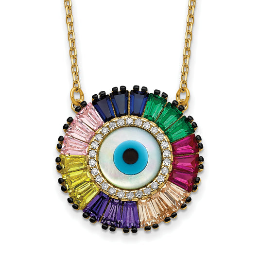 Prizma Sterling Silver Gold-tone 14K Flash Gold-plated 16 inch White and Colorful CZ and Glass Evil Eye Necklace with 2 inch Extender