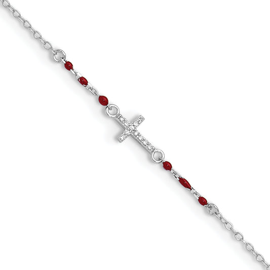 Sterling Silver Rhodium-plated Polished CZ Red Enamel Bead Cross Anklet