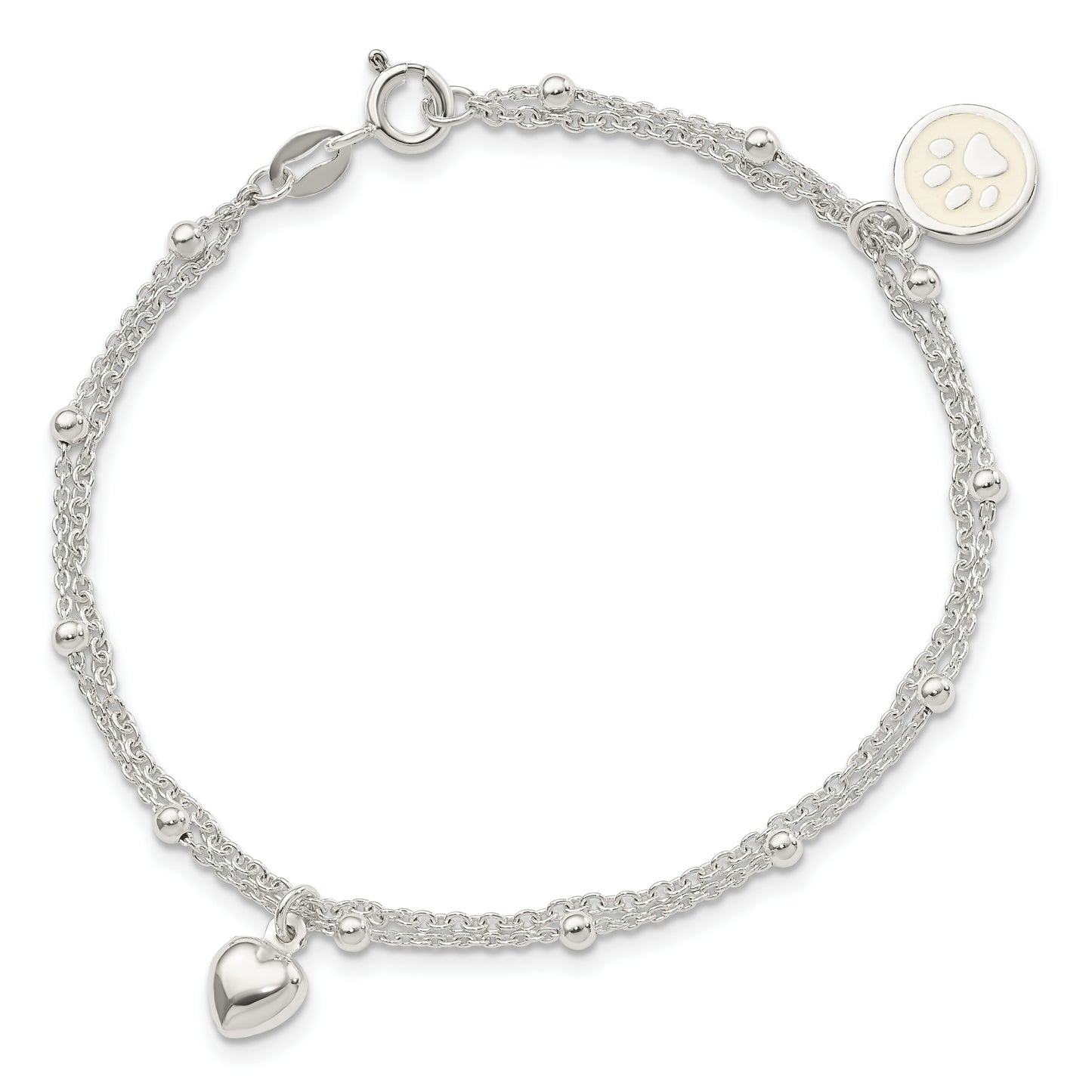 Sterling Silver 2-Strand Heart and Enameled Paw Print Bracelet
