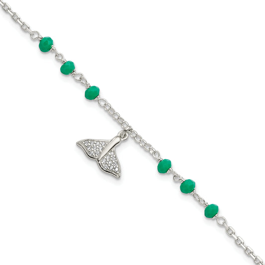 Sterling Silver CZ Whale Tail with Green Glass Beads Bracelet