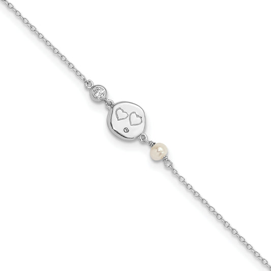 Sterling Silver Rhodium-plated CZ FW Cultured Pearl with Hearts Bracelet