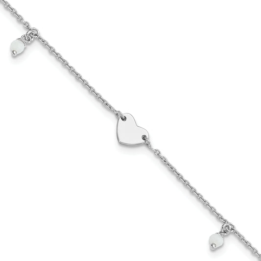 Sterling Silver Heart and Glass Beads 9in Plus 1in ext Anklet
