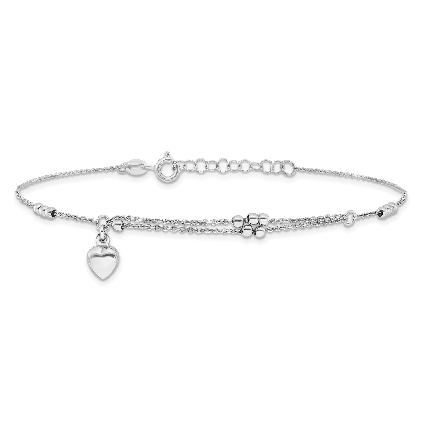 Sterling Silver Rhodium-plated Beads and Heart 9in Plus 1in ext Anklet