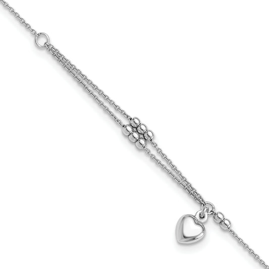 Sterling Silver Beads and Heart 9in Plus 1in ext Anklet