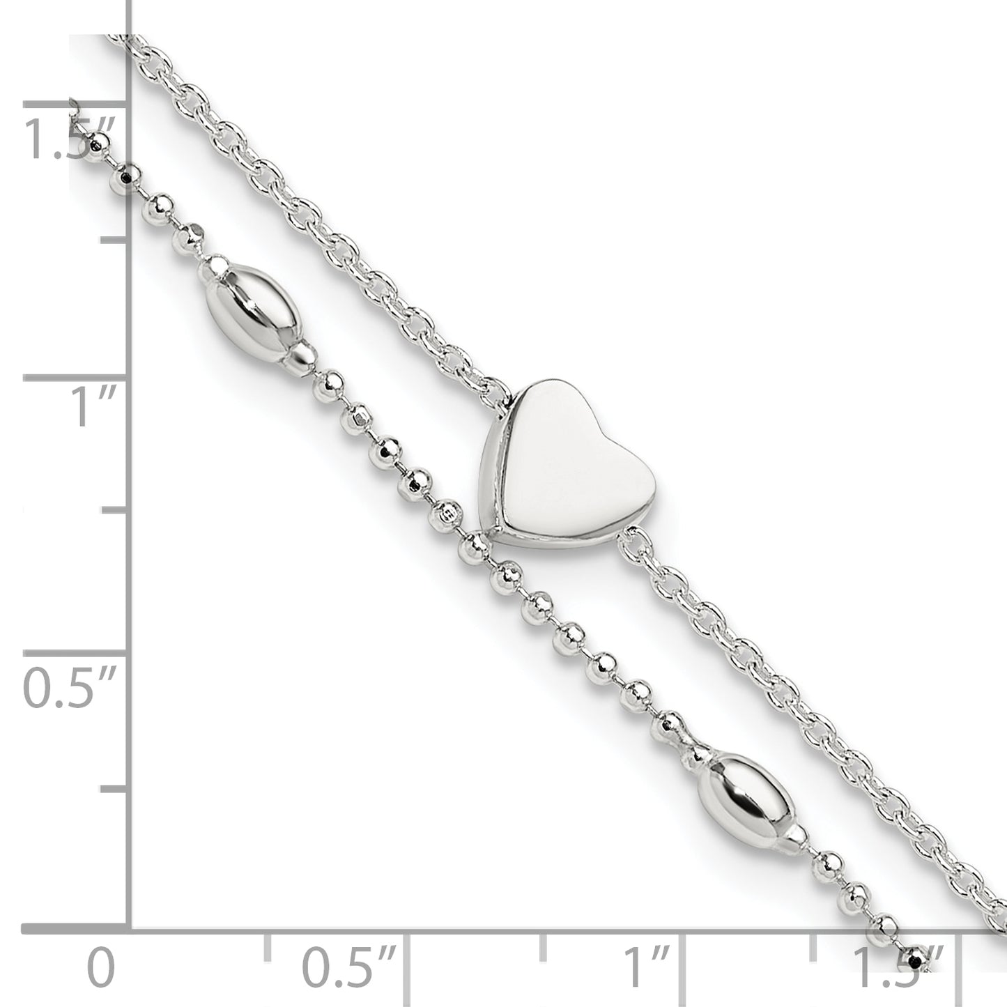 Sterling Silver Polished Multistrand Heart and Bead 9in Plus 1in ext Anklet