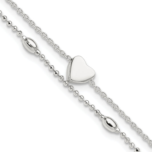 Sterling Silver Polished Multistrand Heart and Bead 9in Plus 1in ext Anklet