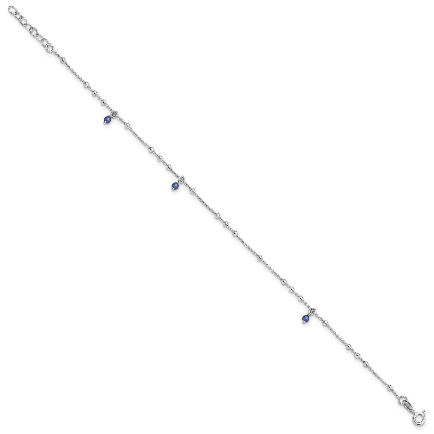 Sterling Silver Rhodium-plated Blue Crystal Bead 9in Plus 1in Ext Anklet