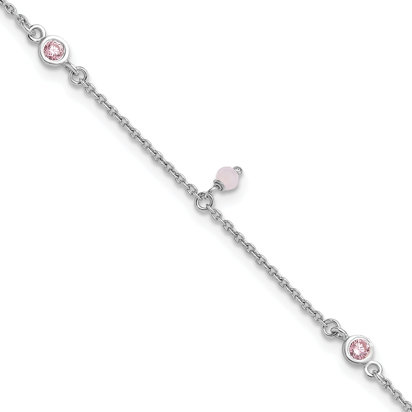Sterling Silver Rhod-plated Pink CZ/Glass Beads 9in Plus 1in ext Anklet