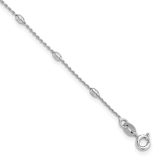 Sterling Silver Rhod-pltd Polished D/C Oval Beaded 9in with 1in ext Anklet