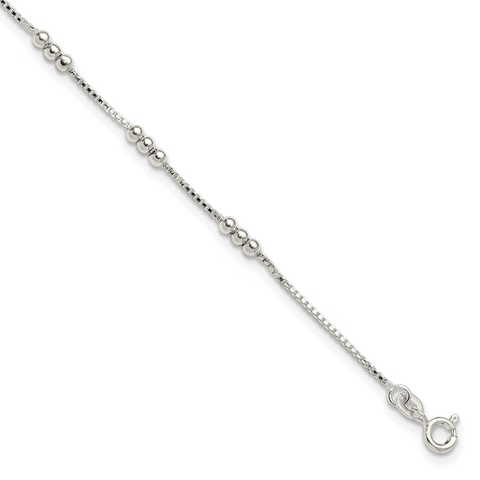 Sterling Silver Polished Beaded Box 10in Anklet