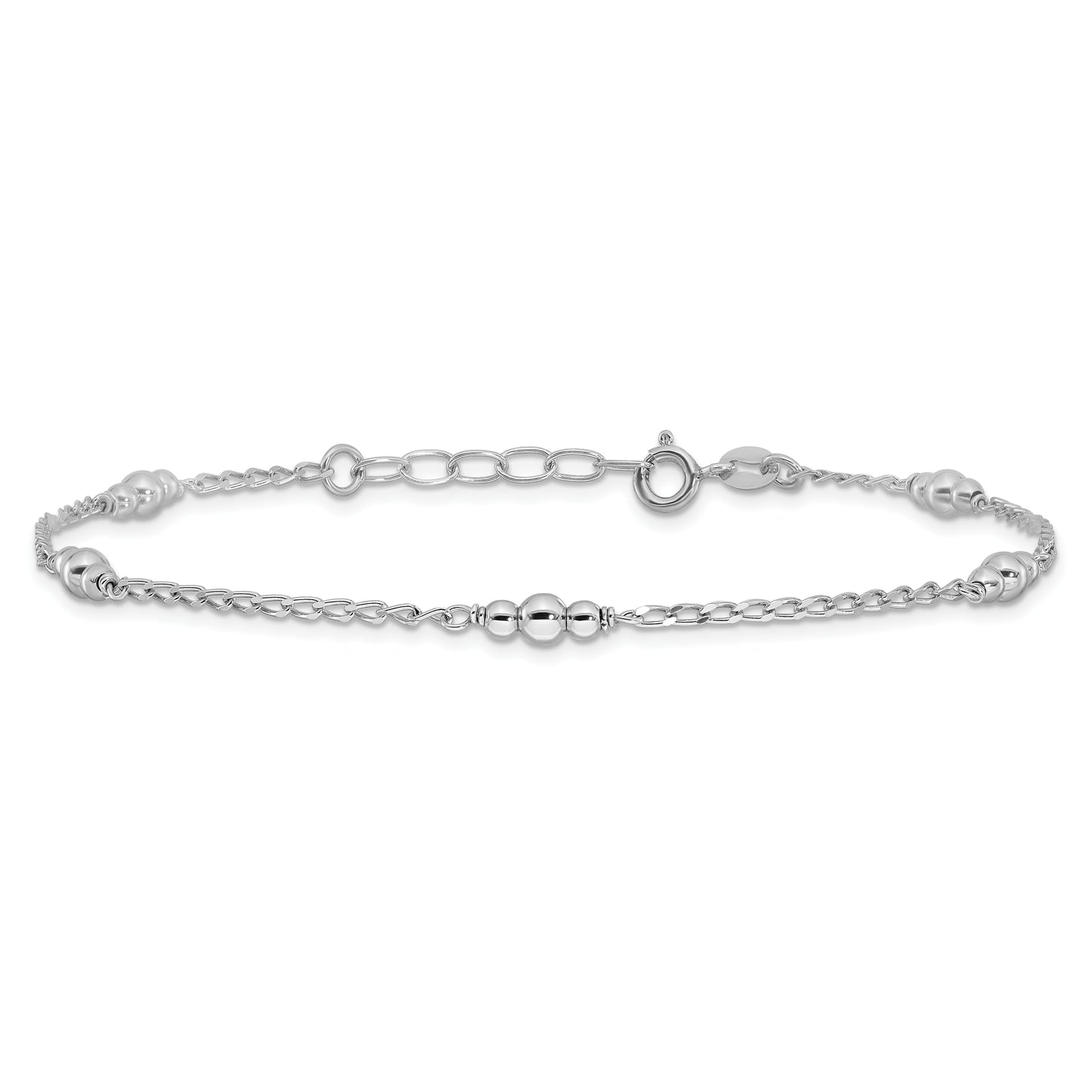 Sterling Silver Rhodium-plated Polished Beaded 9in Plus 1 in ext Anklet