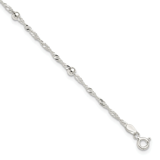 Sterling Silver Polished Beaded Singapore 10in Anklet