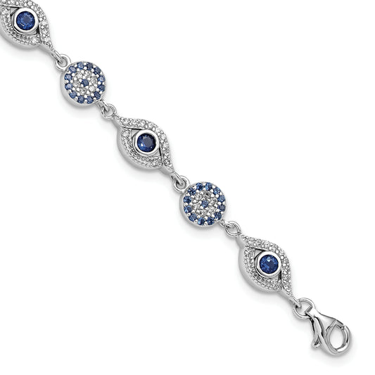 Sterling Silver RH-plated Blue White CZ Evil Eye 7.25in with 1.5in ext. Bracel