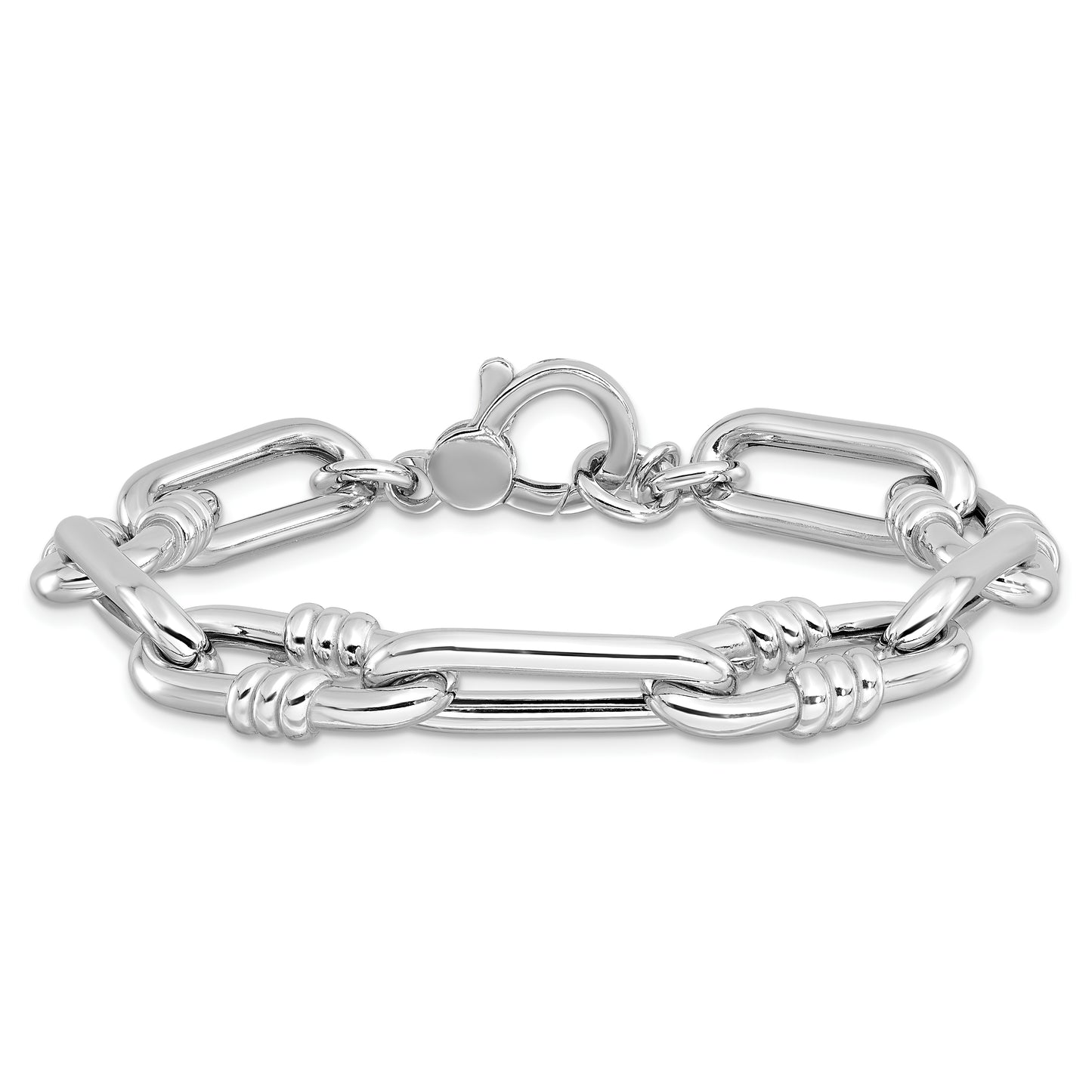 Sterling Silver Rhodium-plated Hollow Paperclip Link with .5in Ext Bracelet
