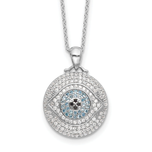Sterling Silver Rh-plated Created Blue Spinel and CZ Evil Eye 18in Necklace