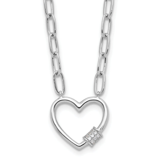 Sterling Silver RH-plated CZ Heart Paperclip Link 16in with 2in ext Necklace