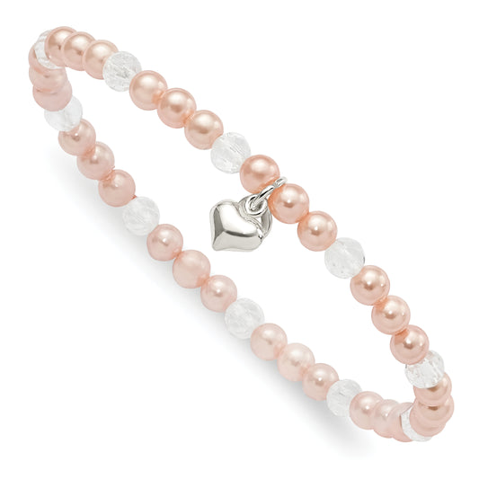 Sterling Silver Heart Pink Shell Bead and Crystal 6 inch Stretch Bracelet