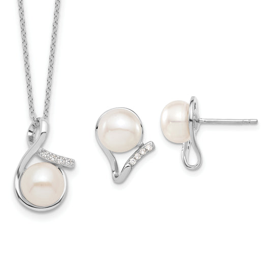 Sterling Silver Rhodium-plated 8-10mm FWC Pearl CZ Earring/Necklace Set