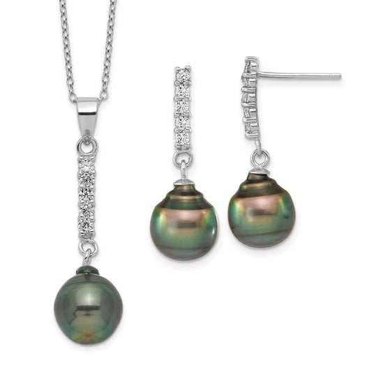 Sterling Silver RH 9-10mm Tahitian Saltwater Pearl CZ Ear and Neck Set