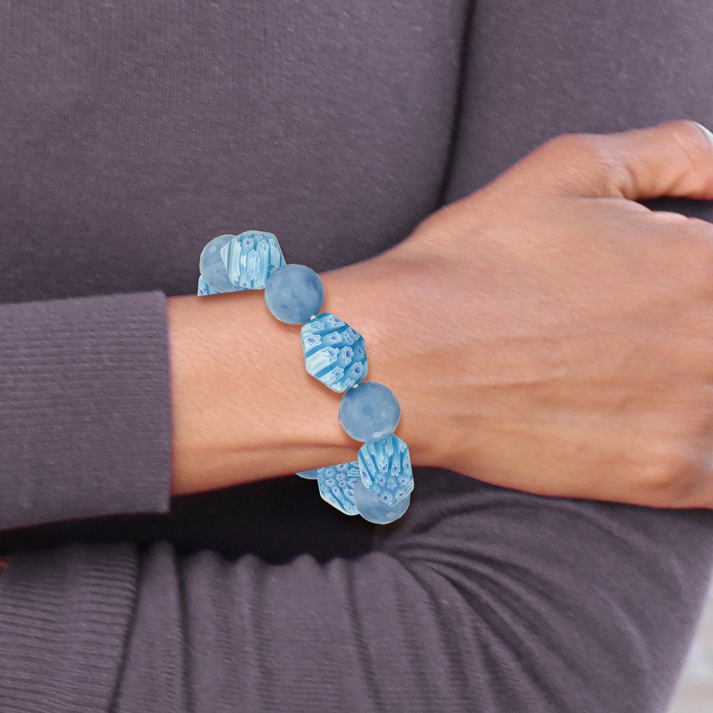 Blue Agate and Kangsai Glass Beaded Stretch Bracelet