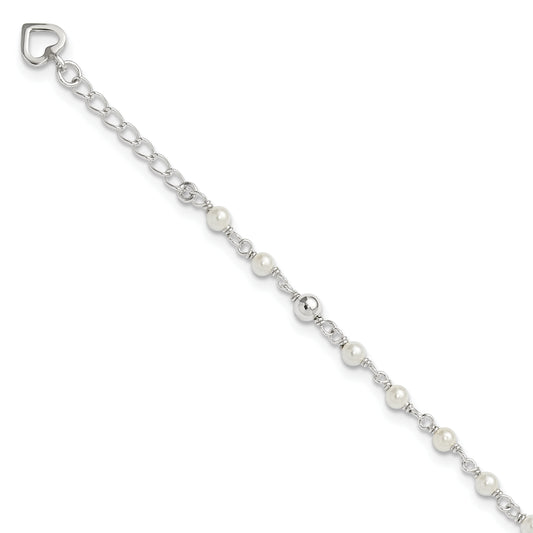 Sterling Silver Polished 9in Plus 1in ext FWC Pearl and Heart Anklet