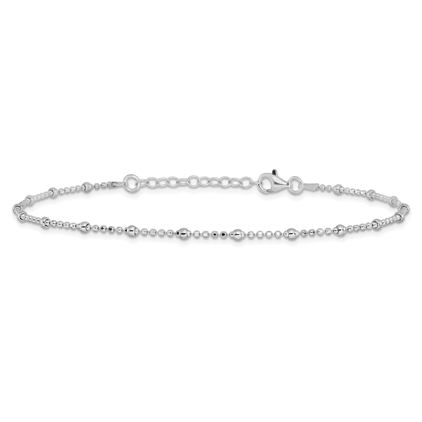 Leslie's Sterling Silver Rhodium-plat Polished Beaded with 1in ext. Anklet