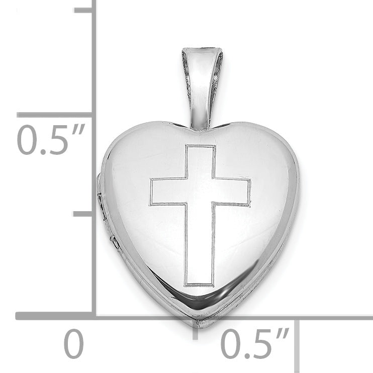 Sterling Silver Rhodium-plated Polished Cross 12mm Heart Locket