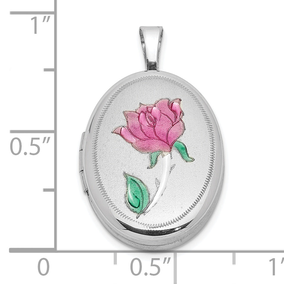 Sterling Silver Rhodium-plated Enameled Rose 19x15mm Oval Locket