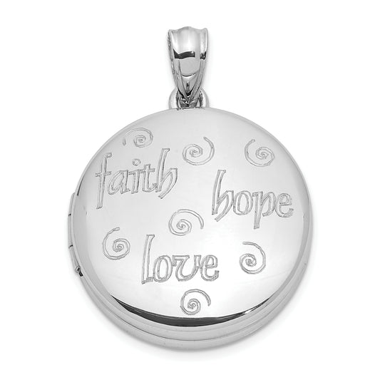 Sterling Silver Rhodium-plated Faith, Hope, Love 20mm Round Locket