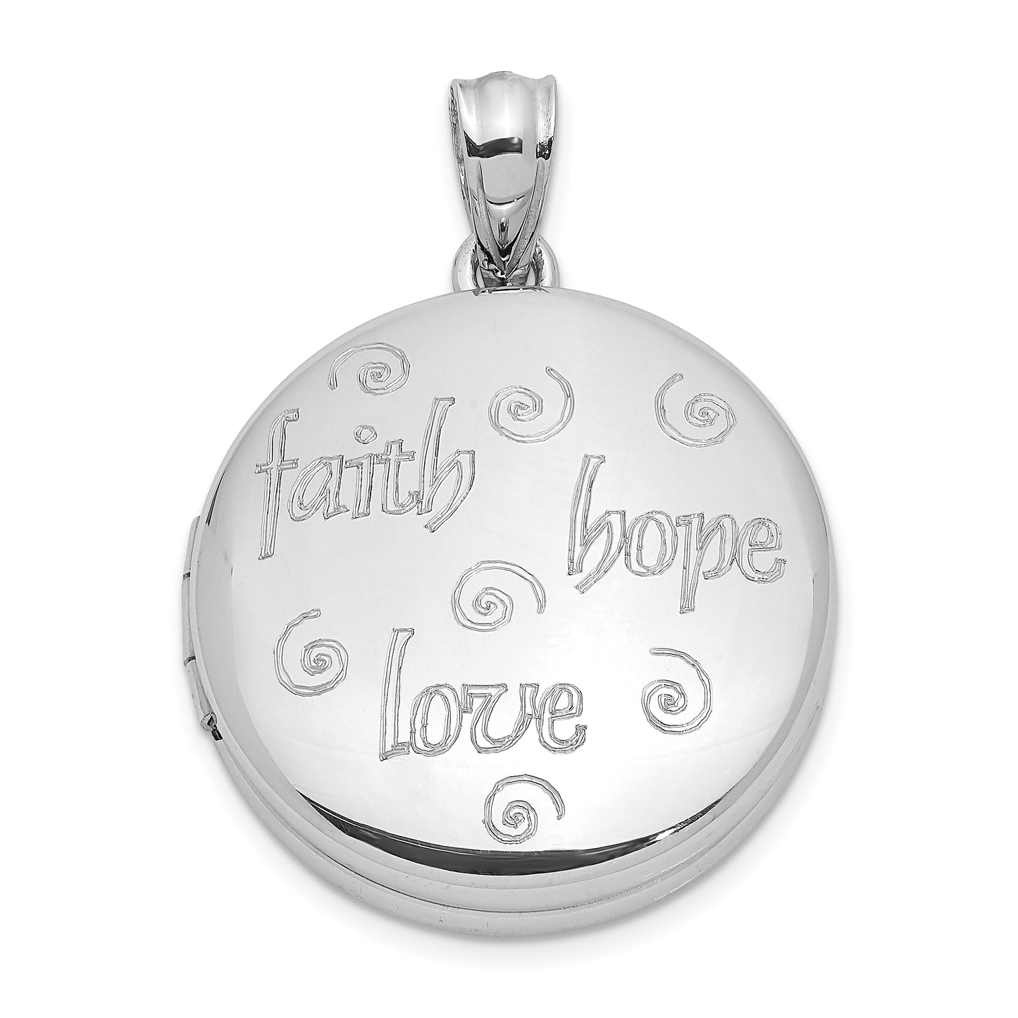 Sterling Silver Rhodium-plated Faith, Hope, Love 20mm Round Locket
