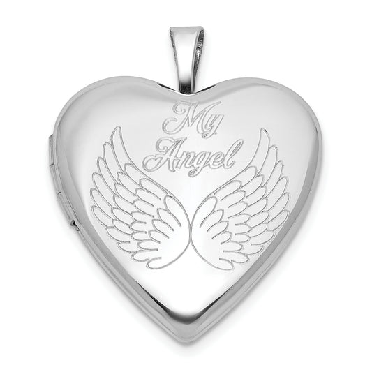 Sterling Silver Rhodium-plated MY ANGEL Angel Wings 20mm Heart Locket