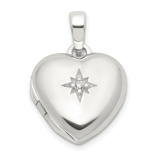 Sterling Silver E-coated CZ 13mm Heart Locket