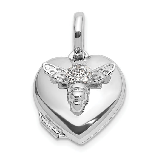 Sterling Silver Rhodium-plated Polished 12mm CZ Bee Heart Locket