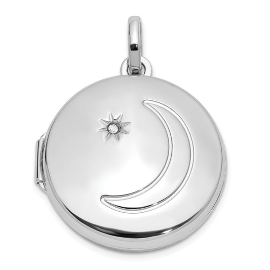 Sterling Silver Rhodium-plated 20mm Diamond Moon/Star Round Locket